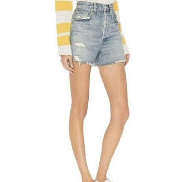 AGOLDE Dee High Rise Denim Cut Off Shorts Size 26 Distressed Side Slits Blue - Picture 1 of 10